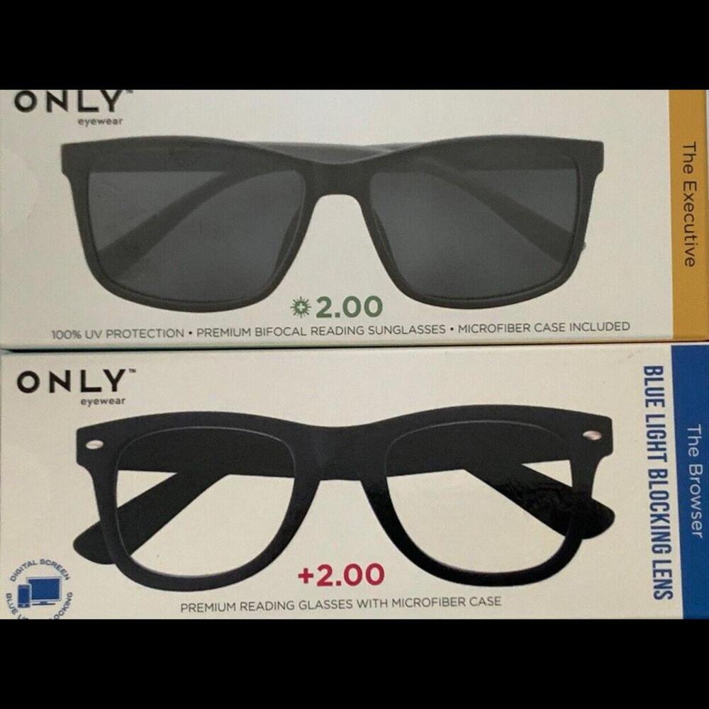 ONLY EYEWEAR Set - Bifocal Sunglasses and Blue Light Blocking Readers +2.00 NWT